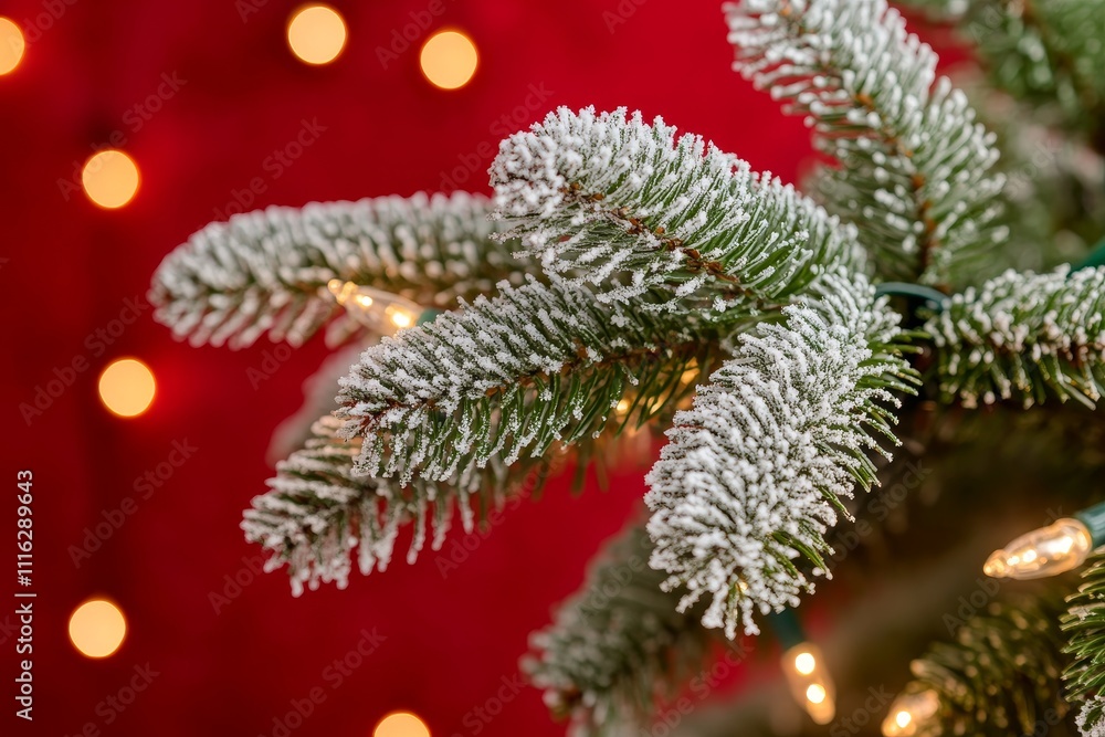 Poster Frosted Evergreen Branch with Soft Christmas Lights on Red Background Creating a Cozy Holiday Atmosphere and Adding Warmth to Festive Decor