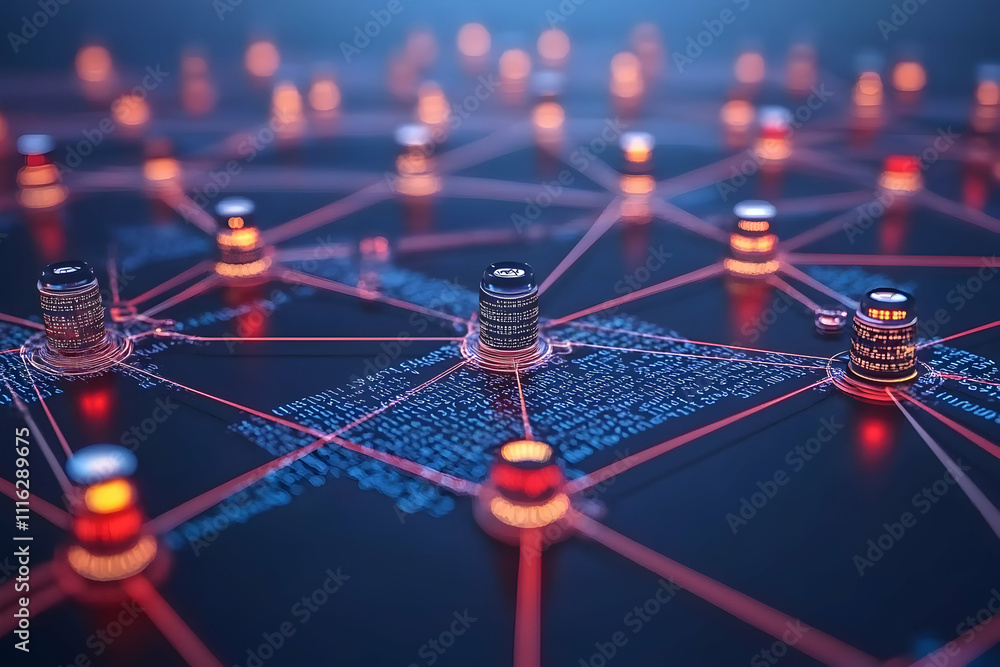 Poster networked data servers with glowing lines connecting them on a digital background.