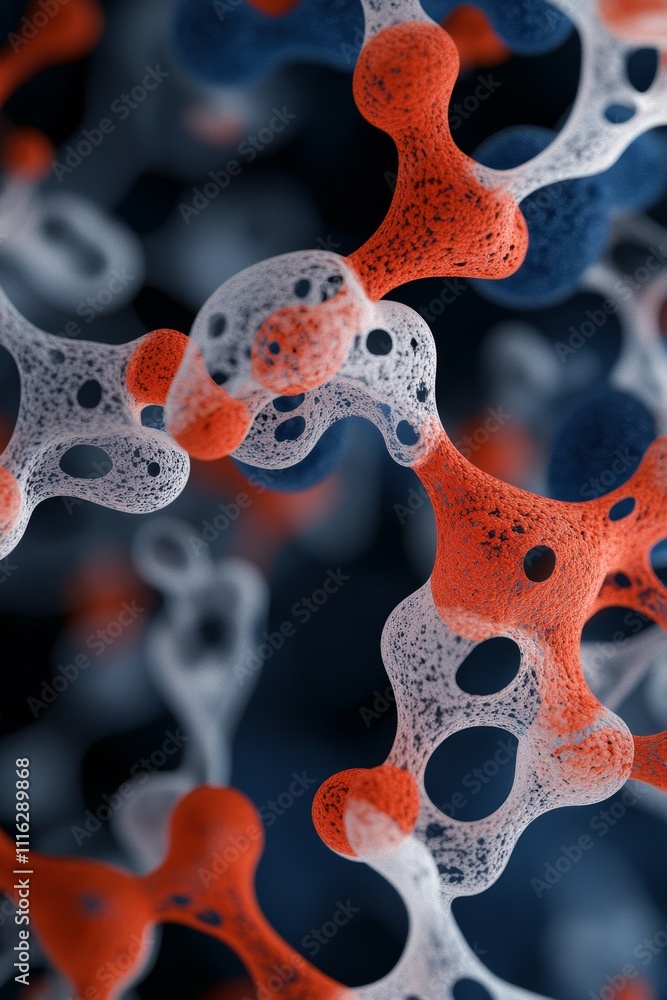 Poster abstract representation of molecular structures with red and white elements against a dark backgroun