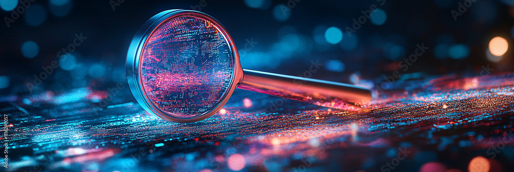 Poster a glowing magnifying glass icon floating over a digital search interface, with data streams represen