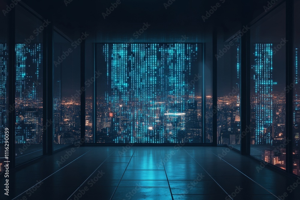 Poster futuristic cityscape with digital rain effect and panoramic window overlooking a neon-lit skyline at