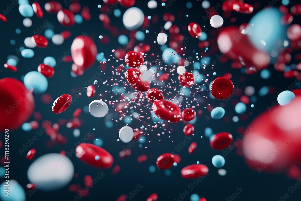 Poster dynamic representation of blood cells and particles in a vivid microscopic view showcasing biologica