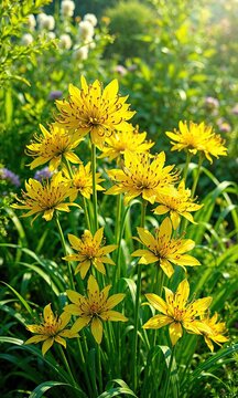 Yellow golden lily flowers of Allium moly in a garden with greenery and foliage , garlic flowers, flower arrangement, spring bloom