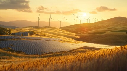 Fototapeta premium Scenic landscape with wind turbines and solar panels