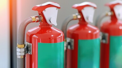 Three red fire extinguishers with green labels, positioned side by side, emphasize fire safety and readiness for emergencies.