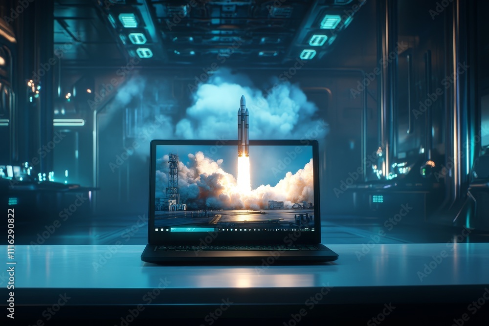 Poster futuristic desktop scene featuring a rocket launch displayed on a laptop screen in a high-tech envir