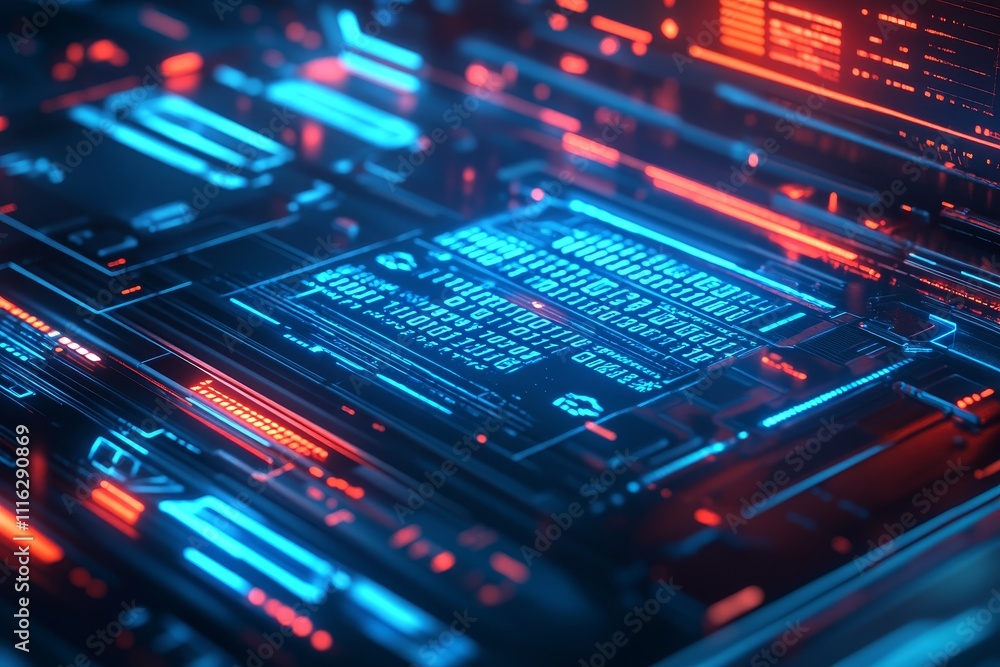 Poster futuristic digital circuit board with glowing blue and red lights, abstract technology background fo