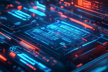 Futuristic Digital Circuit Board with Glowing Blue and Red Lights, Abstract Technology Background for Science Fiction and Innovation Themes in Modern Computing