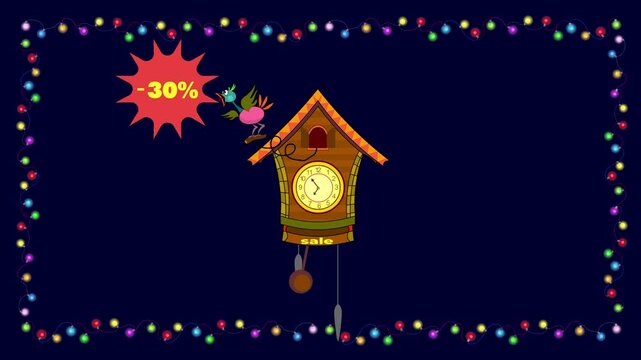 Animation, Christmas sale, advertising, discounts. The cuckoo flies out of the clock and talks about the discount.