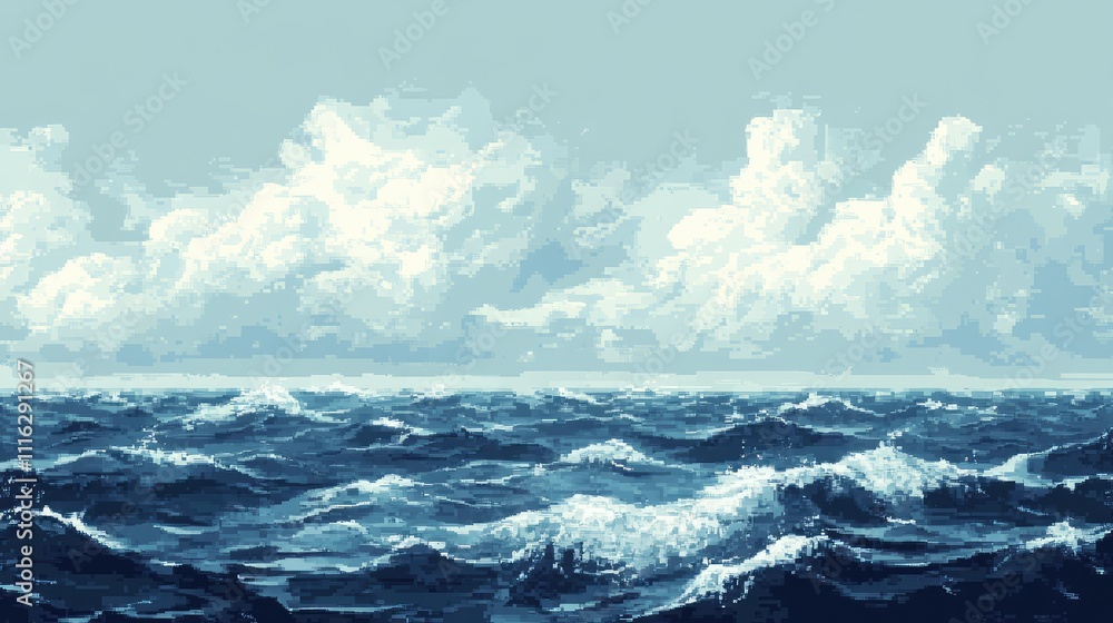 Poster a minimalist pixel art representation of the ocean, with soft waves and a few scattered clouds above