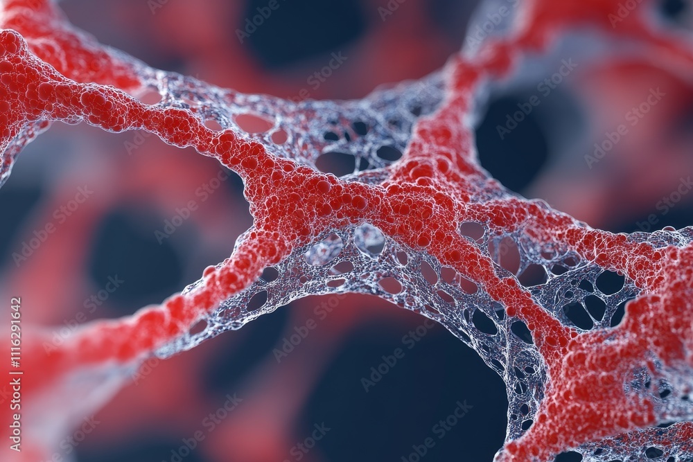 Poster close-up view of a complex network of red and transparent fibers demonstrating intricate molecular s