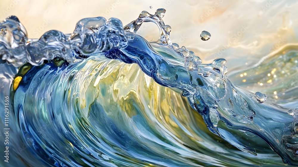 Poster captivating close-up of a vibrant ocean wave with crystal clear water and intricate details of surfa