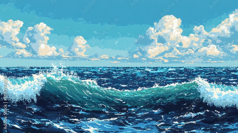 Poster a minimalist pixel art representation of the ocean, with soft waves and a few scattered clouds above