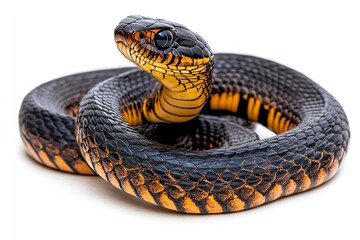 Fototapeta premium High-quality, isolated image of a majestic cobra snake in a defensive position on a white backdrop. Generative Ai
