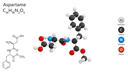 Molecule: Aspartame. Artificial sweetener. Molecular structure. Formula: C14H18N2O5. Chemical model: Ball and stick. White background. 3D illustration.