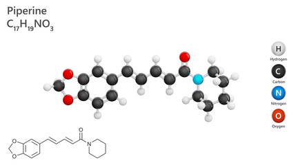 Molecule: Piperine. Molecular structure. Formula: C17H19NO3. Chemical model: Ball and stick. White background. 3D illustration.