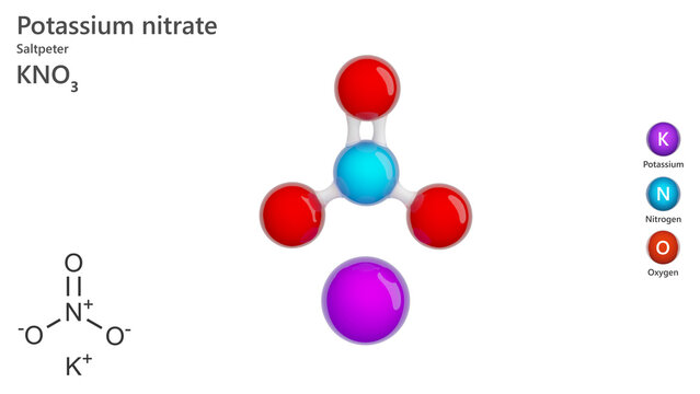 Molecule: Potassium Nitrate. Saltpeter. Fertilizer Molecular structure. Formula: KNO3. Chemical model: Ball and stick. White background. 3D illustration.