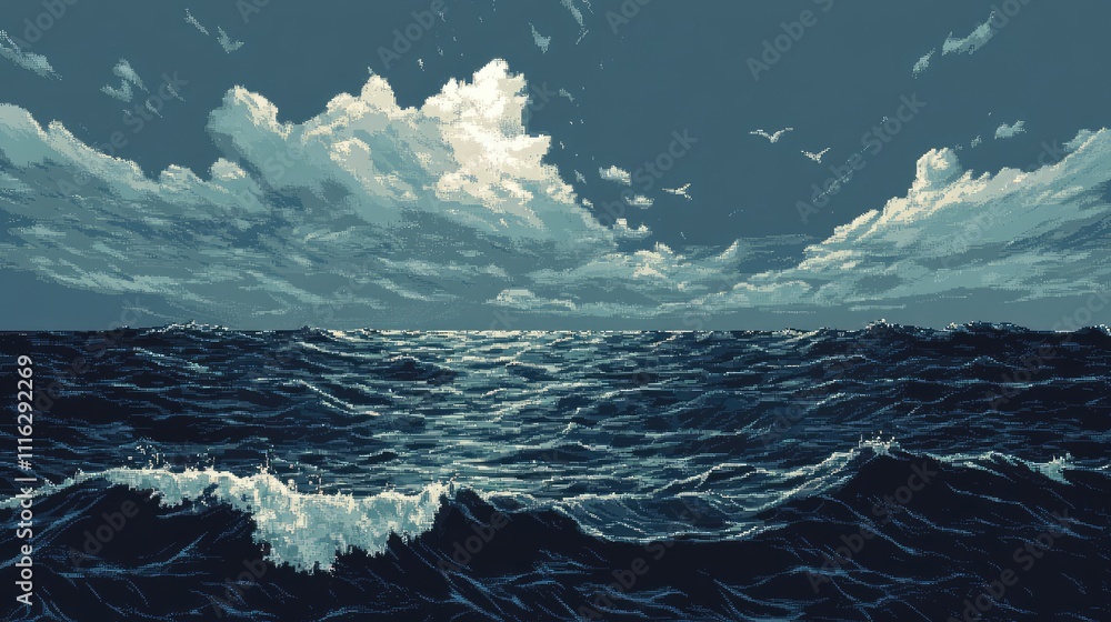 Poster a minimalist pixel art representation of the ocean, with soft waves and a few scattered clouds above