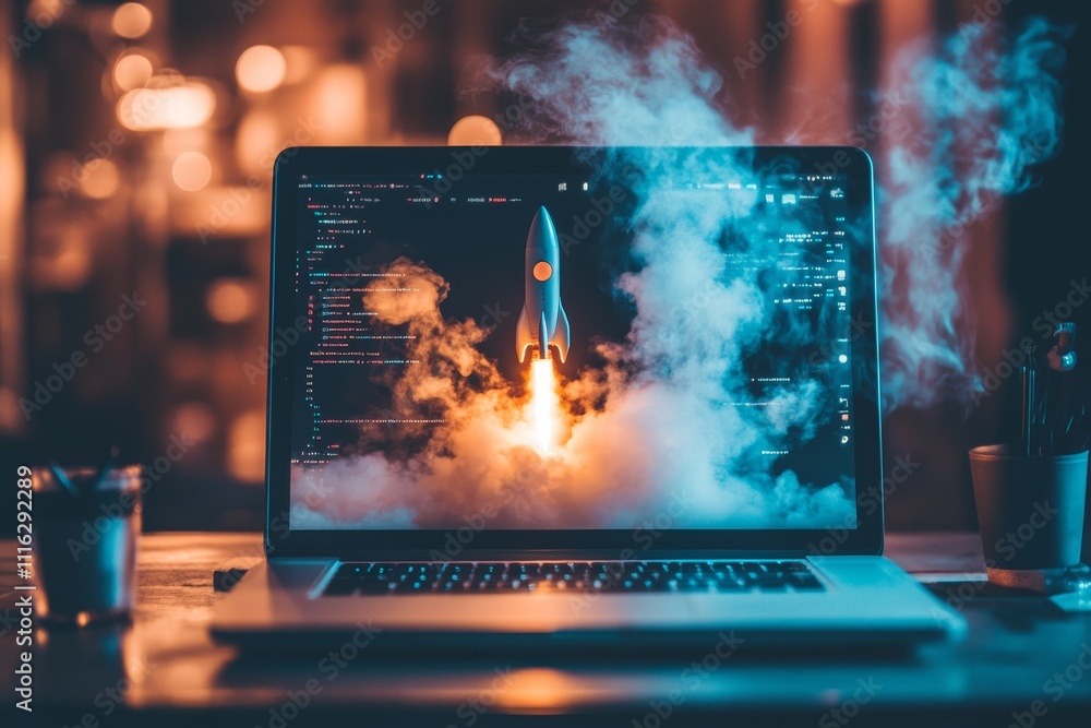 Poster futuristic laptop displaying rocket launch with digital code and smoke effects, highlighting innovat