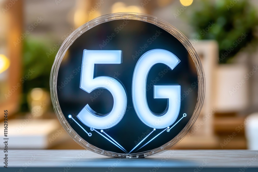 Poster futuristic neon light display featuring the number 5g in a modern setting with soft focus background