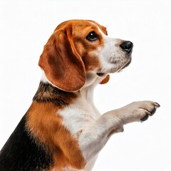 Side view of a Beagle looking up at its owner, extending its paw as if offering a handshake, set...