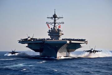 Military Aircraft Carrier with Fighter Jets Launching During Special Operations in Warzone Panoramic View