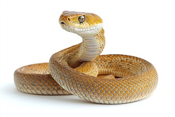 Fototapeta premium High-quality, isolated image of a majestic cobra snake in a defensive position on a white backdrop. Generative Ai
