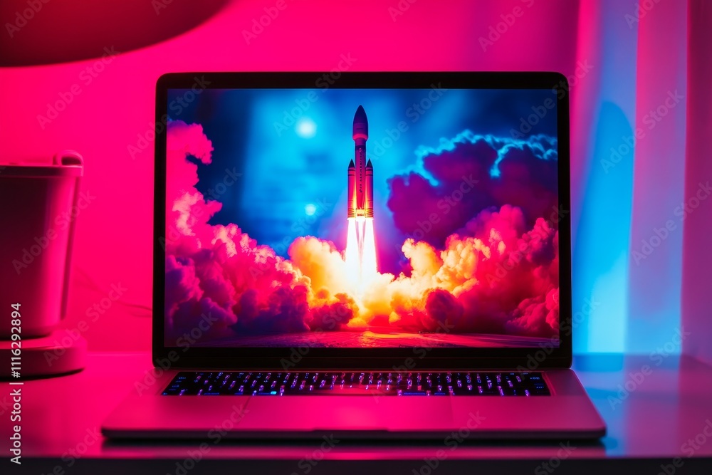Poster futuristic rocket launch on laptop screen with colorful neon lighting and dramatic clouds creating a
