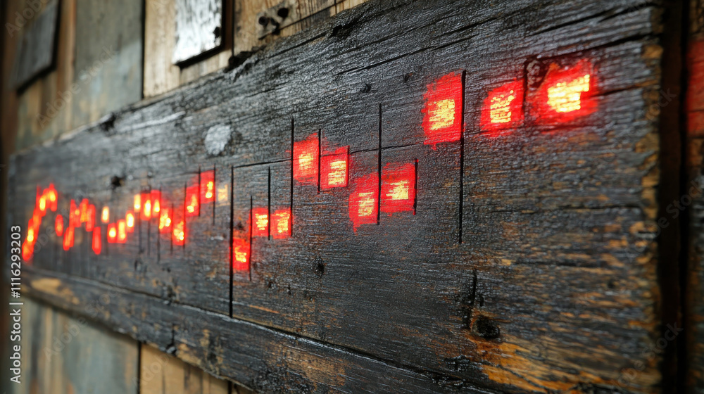 Poster artistic wooden panel with glowing red lights creating pattern