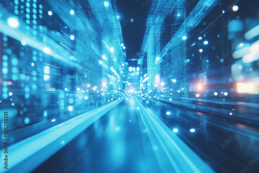 Poster futuristic urban scene with blurry digital light trails representing technology and innovation in a 
