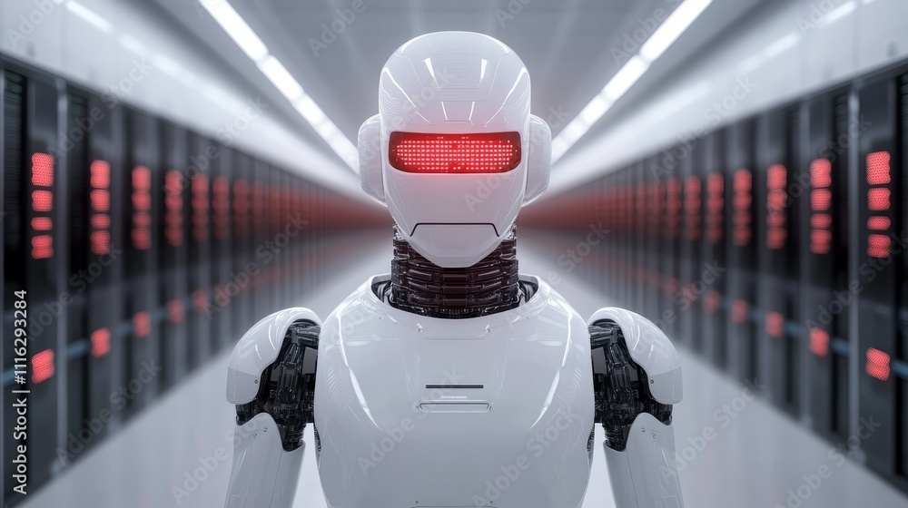 Aufkleber robot in server room, automation, data center management, and futuristic technology for enhanced net