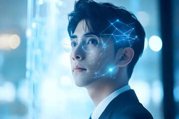 Young man in glasses with digital network overlay on his face, symbolizing artificial intelligence and futuristic technology in a bright, modern setting