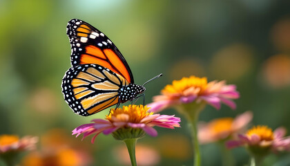 Fototapeta premium A horizontal photograph of a Female Monarch Butterfly on a red zinnia flower with green, orange, yellow in the background