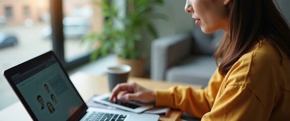 Fototapeta premium Woman Using Laptop for Online Networking Browsing Profiles Searching for a Job during her Coffee Break