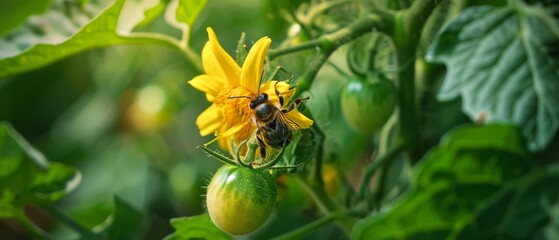 A bee delicately lands on a vibrant yellow flower among lush greens, showcasing nature's intricate ecology and the beauty of pollination.