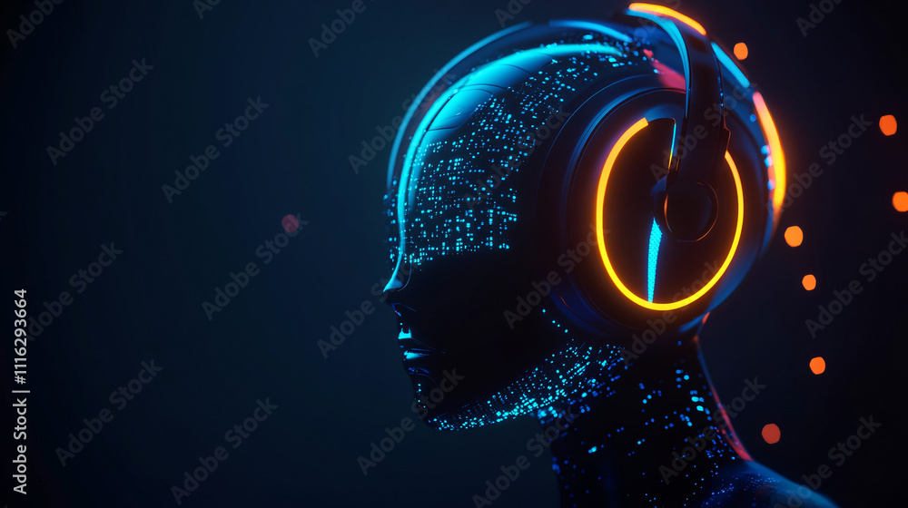Poster a glowing robot head icon with streaming data representing ai-driven customer service, chatbots, and