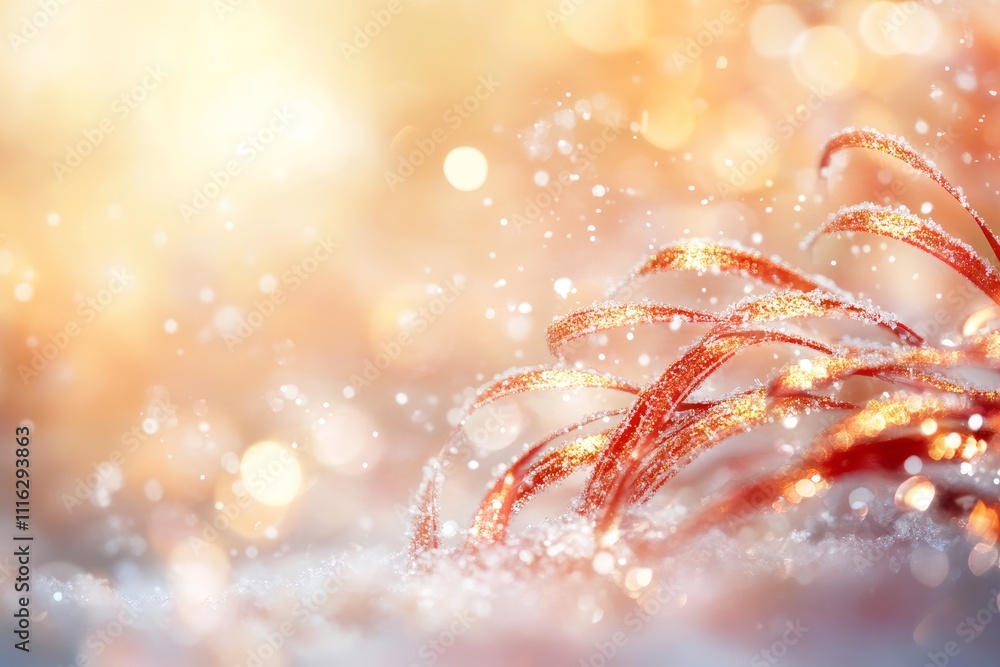 Poster glimmering red leaves in snowy landscape with soft bokeh background creating a magical winter wonder