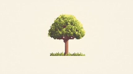 Obraz premium A minimalist pixel art tree, with blocky pixel leaves and a slender trunk, set against a neutral background