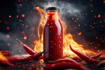 Glass bottle of red hot chili peppers hot dipping sauce against dark smoky burning fire background.