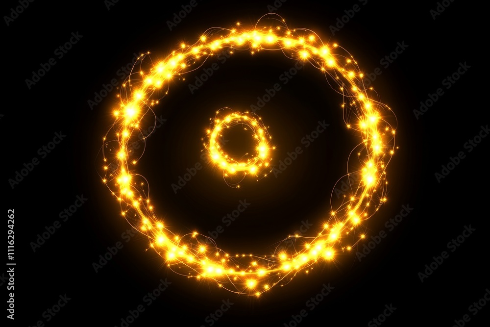 Poster glowing golden circles in motion with dynamic light effects on a dark background perfect for backgro