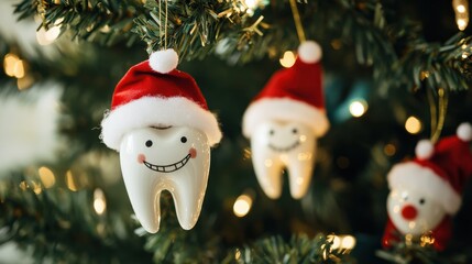 Adorable tooth-shaped ornaments with Santa hats hanging on a Christmas tree, perfect for festive dental-themed holiday visuals