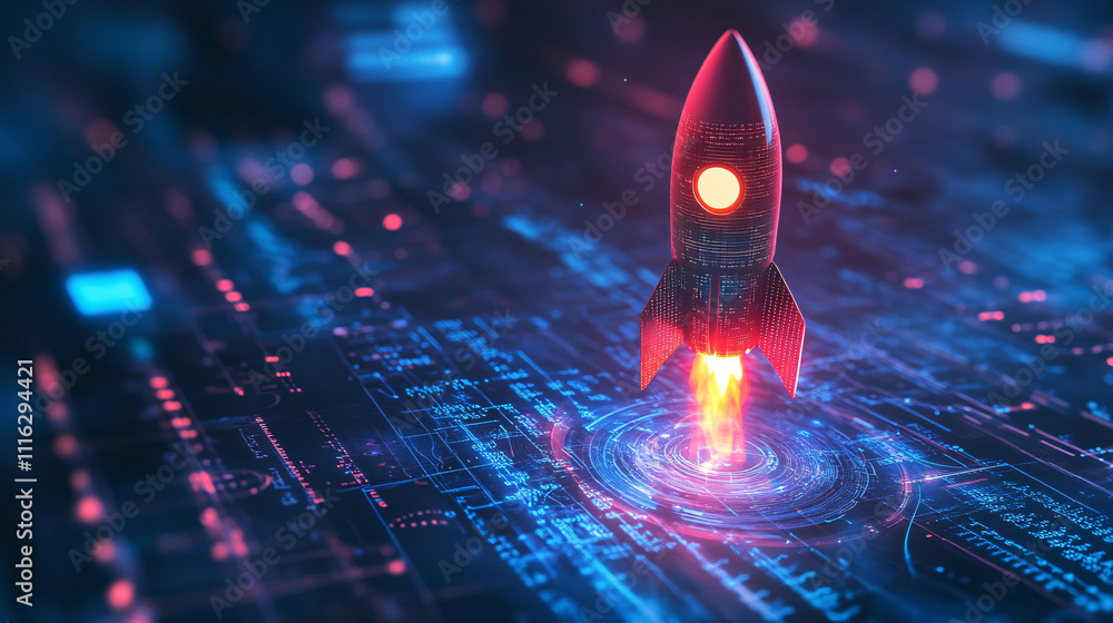 Aufkleber a glowing rocket icon launching from a platform of data, surrounded by real-time web analytics and d