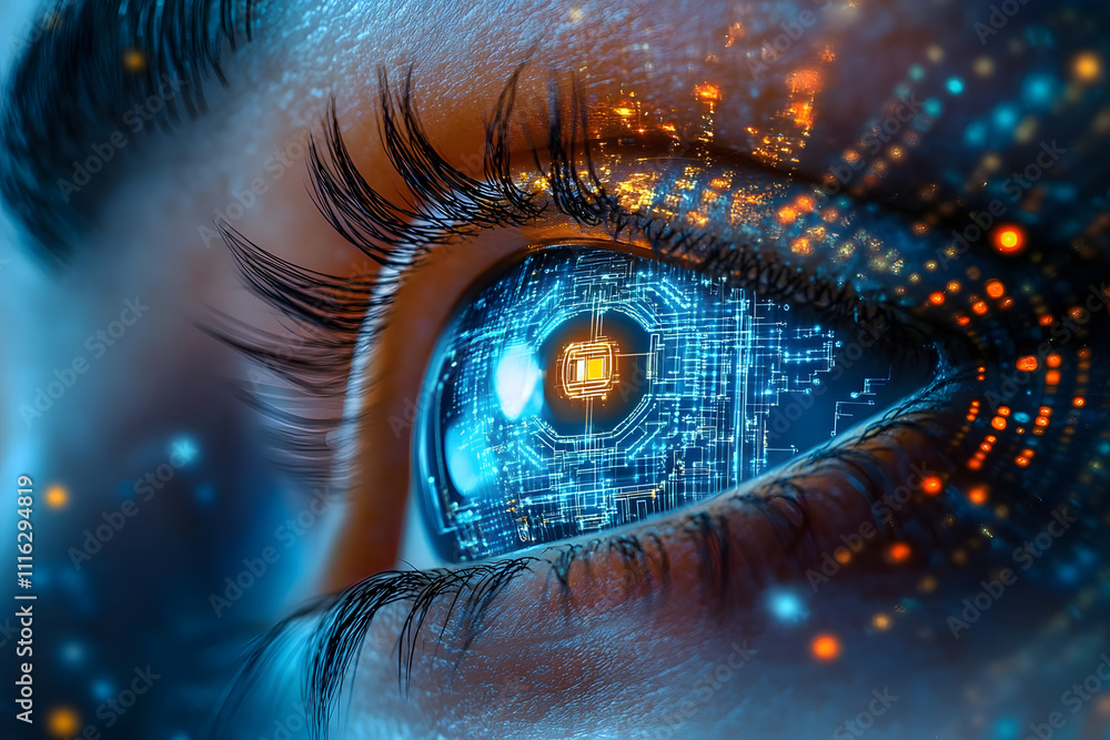 Poster futuristic digital eye close-up with circuit patterns generative ai image
