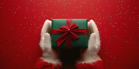 Santa holding green gift against festive red background