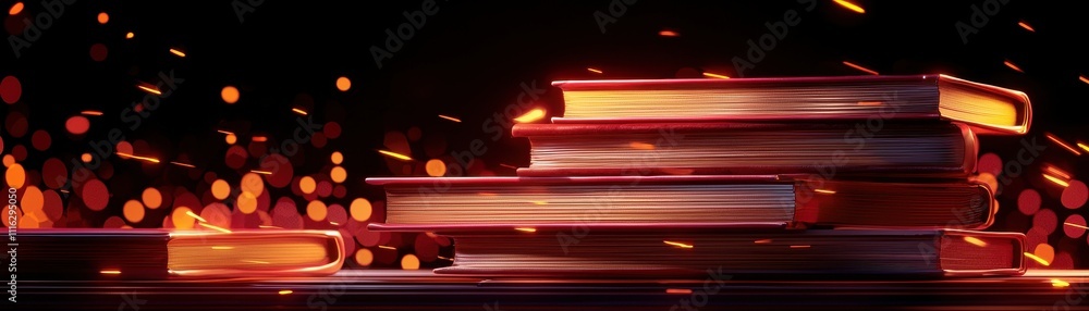 Poster stacked books glow with a warm, fiery light, surrounded by a backdrop of soft embers, creating a coz