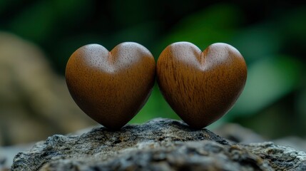 Obraz premium Two Wooden Hearts on a Rock in Nature