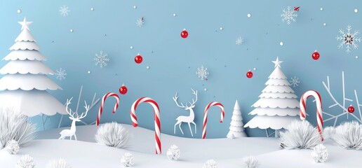 Winter scene featuring deer, snowflakes, snow-covered Christmas trees, and candy canes, ideal for holiday greetings and poster designs with copy space for text.