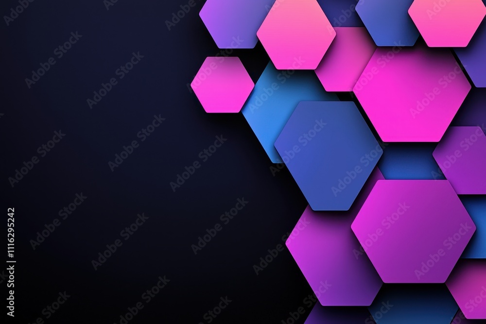 Poster a vibrant arrangement of hexagonal shapes in pink and blue tones against a dark background, creating