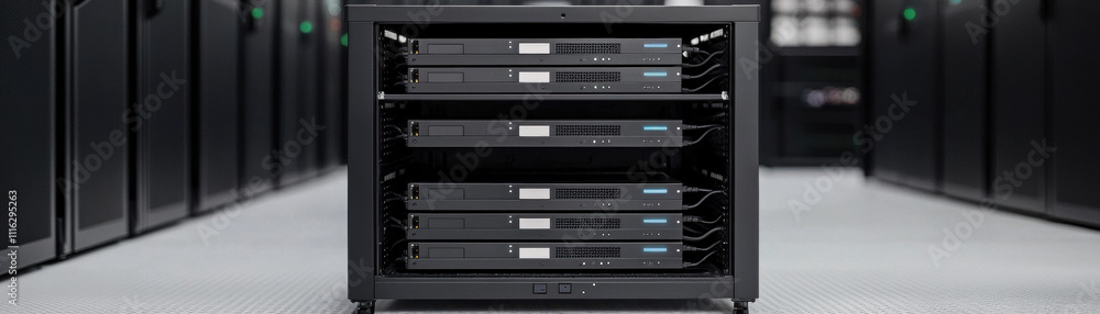 Poster a sleek server rack displays multiple black servers, emphasizing a modern data center environment wi