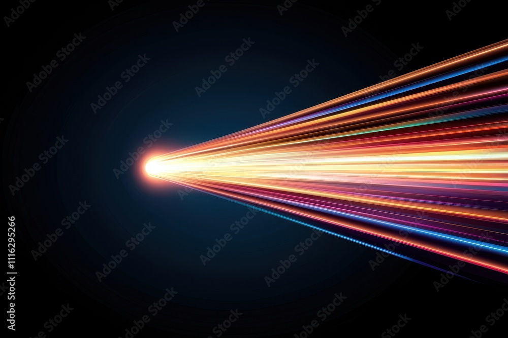 Poster an abstract image depicting vibrant, multicolored light beams radiating from a bright point, set aga